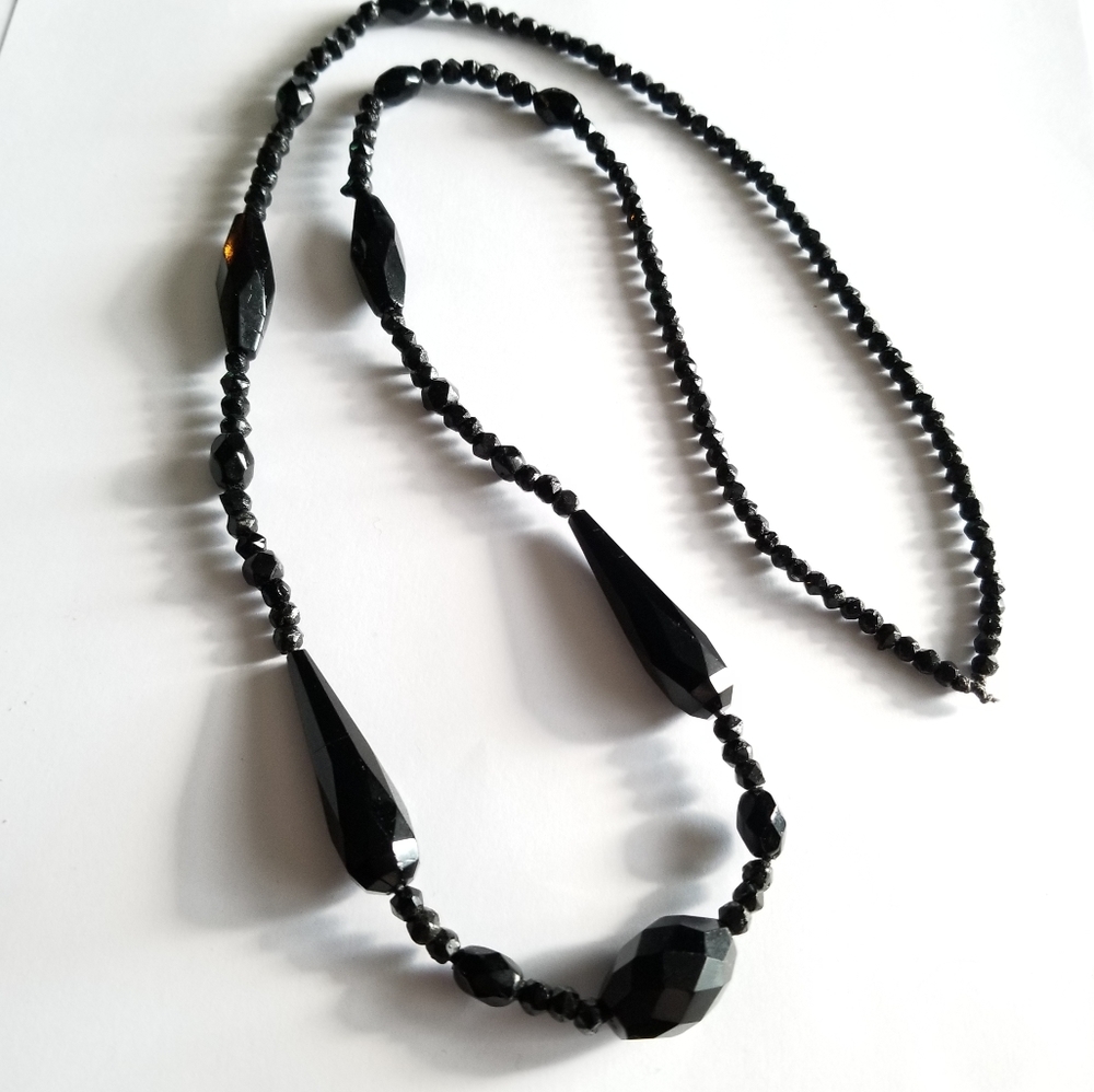 Vintage French Jet necklace long Art Deco black glass Victorian mourning